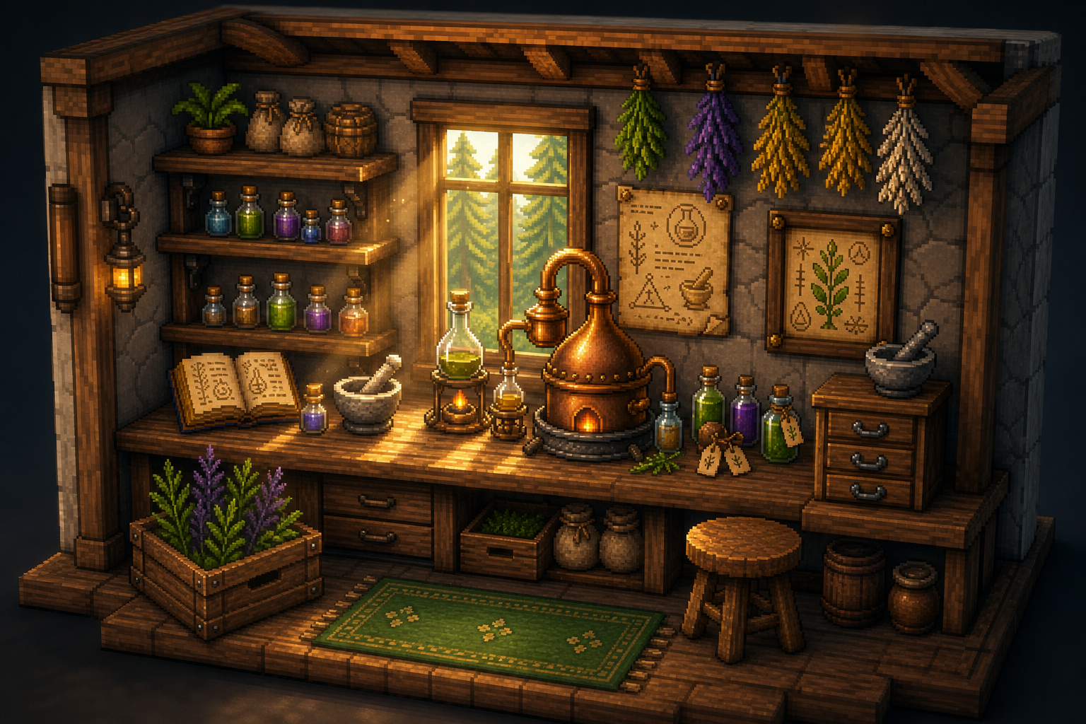 HD-2D inspired alchemy workshop diorama reference